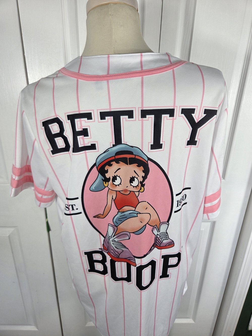 Betty Boop Pink Pinstripe Baseball Jersey Button Front Graphic Top M